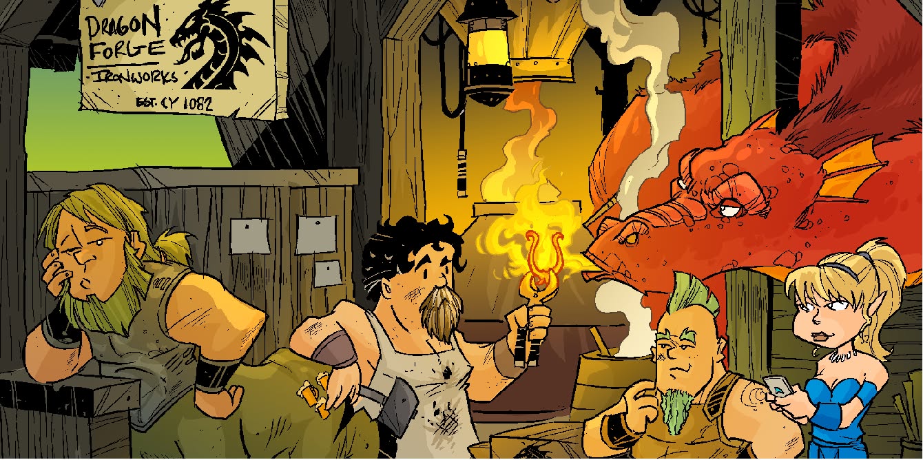 Cartoon banner of the Dragonforge Ironworks crew at the festival shop.
